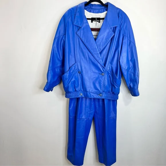 Vintage 80s genuine leather blue padded shoulder batwing bomber pant suit set 14 - Picture 4 of 17